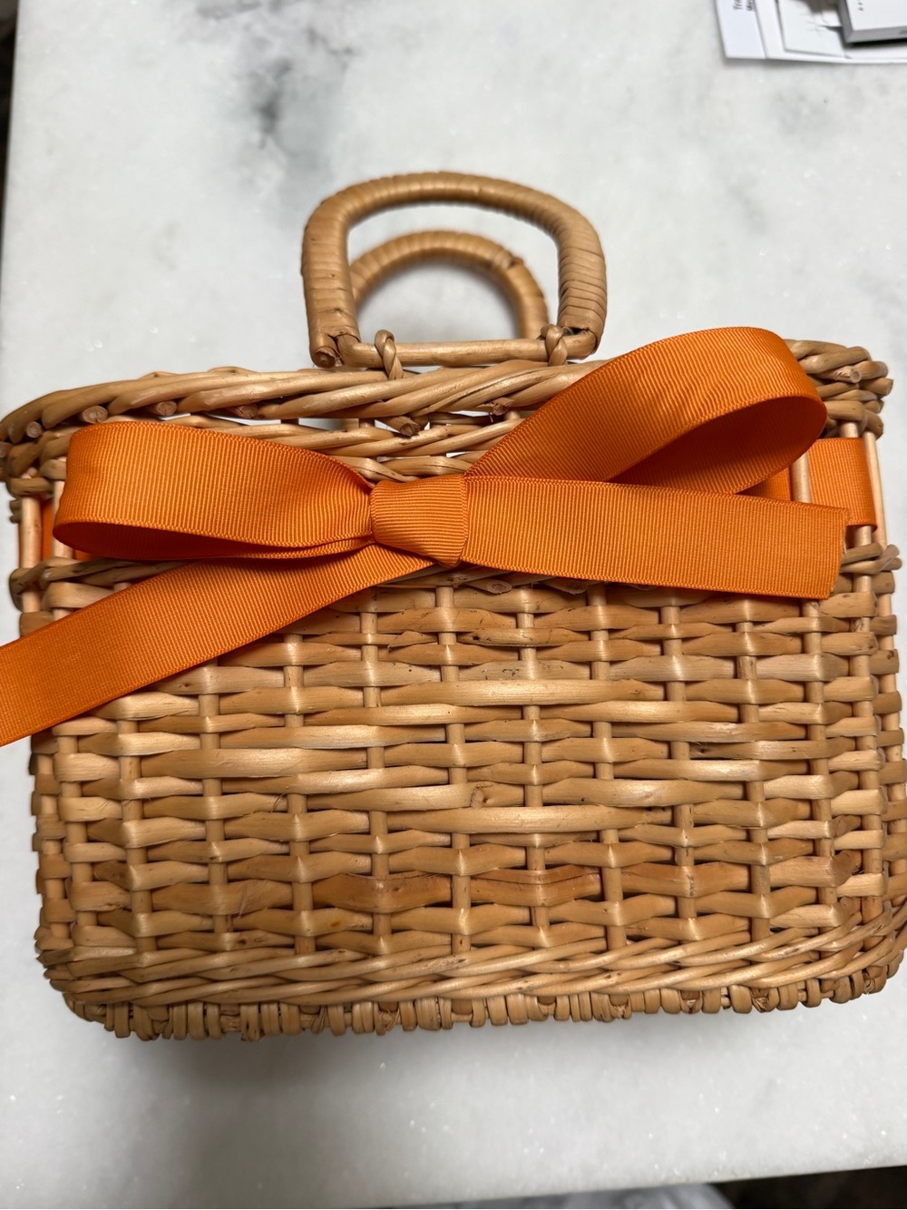 Handwoven Rattan Basket Bag with Orange Ribbon